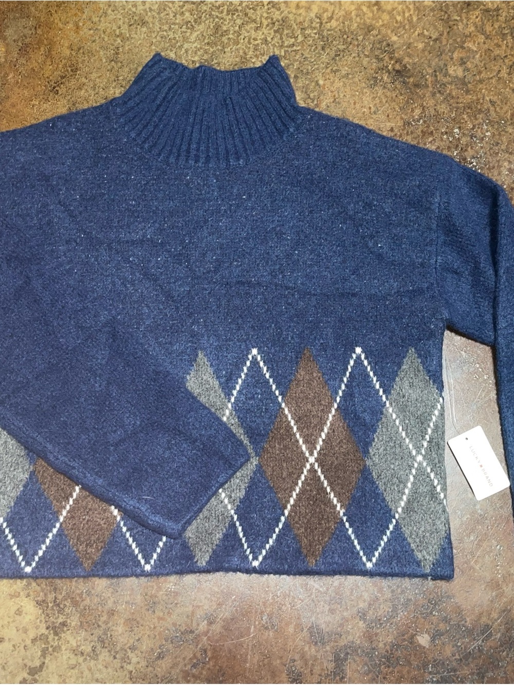 Lucky Brand Navy Turtleneck Sweater with Argyle Hem